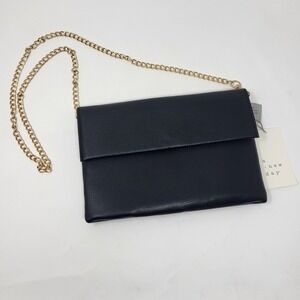 Black‎ faux-leather A New Day Party Flap Clutch with a gold-tone chain strap